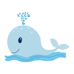 Cute cartoon blue whale with water fountain. Isolated on white background. Vector