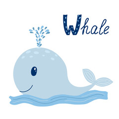 Cute whale with sign Whale. Letter W learning. Animal alphabet. isolated on white background. vector illustration.