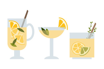 Fresh homemade lemonade, soda, mojito cocktail with lemon and mint. Summer tropic drink, cold citrus refreshing beverage in glass. Vector flat cartoon illustration. For logo, flyer, menu, sticker