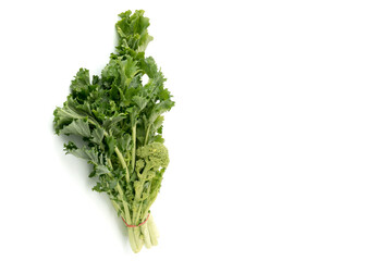 Bunch of fresh turnip tops , italian cime di rapa, isolated on white background copy space, label,...