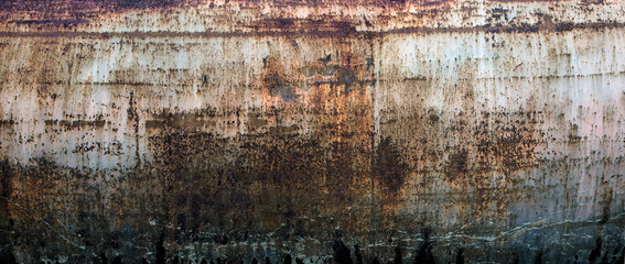Dark worn rusty and paint-slicked metallic texture background with traces of torn paper.