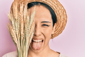 Young hispanic girl wearing summer hat holding spike wheat over eye sticking tongue out happy with...