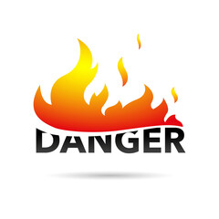 word DANGER and flames of fire on a white background. Vector, illustration