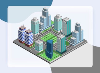 Modern city concept with isometric skyscraper offices 3d buildings decorative icons set vector illustration
