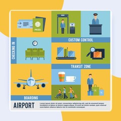Airport icons decorative set with custom control transit zone boarding checking in isolated vector illustration