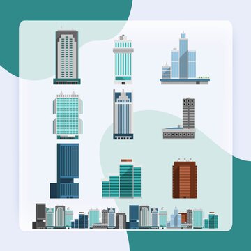 Skyscraper offices flat business buildings set with city skyline decorative icon isolated vector illustration