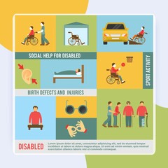 Disabled icons set with social help and sport activities symbols isolated vector illustration