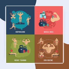 Bodybuilding flat icons set with muscle mass gym routine weight training isolated vector illustration