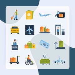 Airport icons flat set with baggage check airplane security control isolated vector illustration