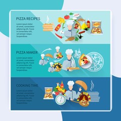 Fototapeta na wymiar Pizza maker flat horizontal banner set with recipes cooking time isolated vector illustration