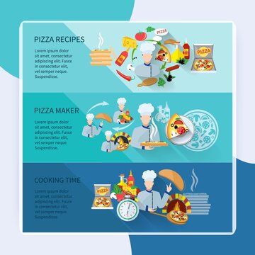 Pizza maker flat horizontal banner set with recipes cooking time isolated vector illustration