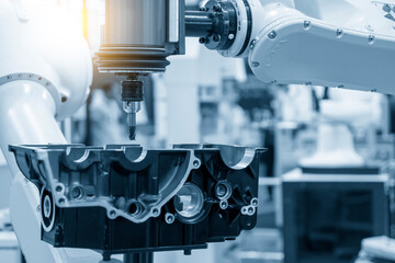 The automotive parts finishing process by milling process attached the robotics arm. The hi-technology automotive parts manufacturing process by robotics system.