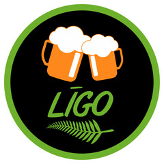Logo of Latvian national event with traditional symbols and text in Latvian: "Ligo fest". Summer solstice day - Ligo,
 celebrates every summer 23-24 June. 