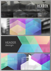Vector layout of headers, banner design templates with colorful hexagons, geometric shapes, tech background for website footer design, horizontal flyer design, website header backgrounds.