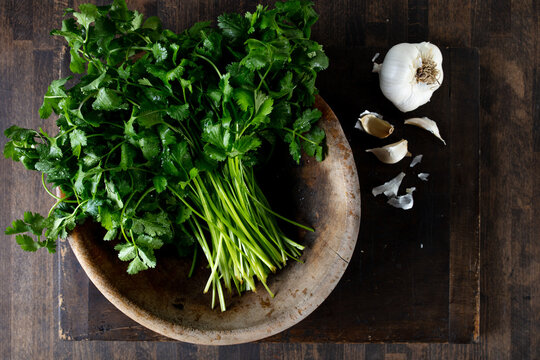 Cilantro in a wood bowl 