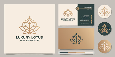 hand drawn Luxury lotus logo line style. Flower rose design, beauty spa, fashion, line art monogram shape logo.golden logo design, icon and business card template. Premium vector