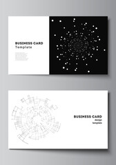 Fototapeta na wymiar Vector layout of two creative business cards design templates, horizontal template vector design. Black color technology background. Digital visualization of science, medicine, technology concept.