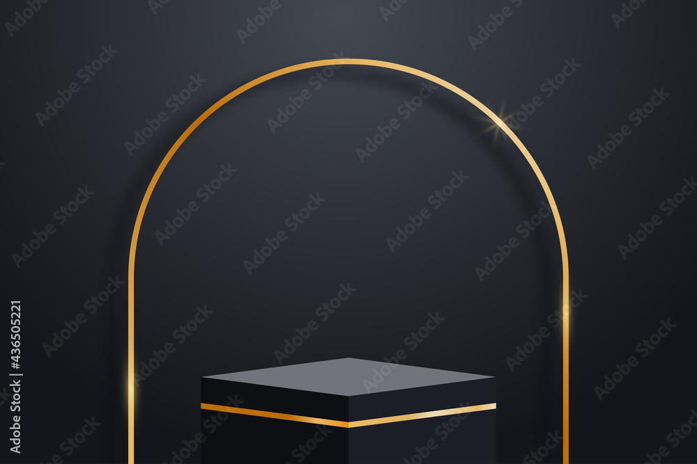 Aufkleber realistic dark platform with gold decorations and golden arch with shadow. stage with empty pedestal
