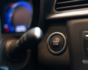 Car instrument panel start power button Dashboard with speedometer, tachometer, odometer