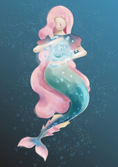 Digital watercolor illustration of a young mermaid with long pink hair and a fish in her hands