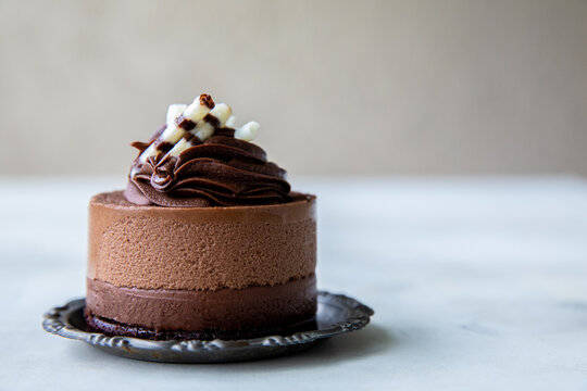 Chocolate moose cake on small plate 