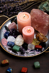 Healing chakra crystals therapy. Alternative rituals, gemstones for wellbeing, meditation, destress