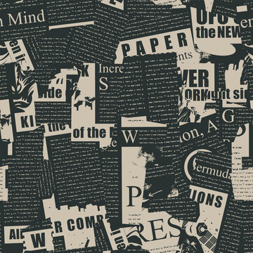 Abstract seamless pattern with a collage of old magazine and newspaper clippings. Vector background with illegible text, headlines and illustrations. Suitable for Wallpaper, wrapping paper, fabric