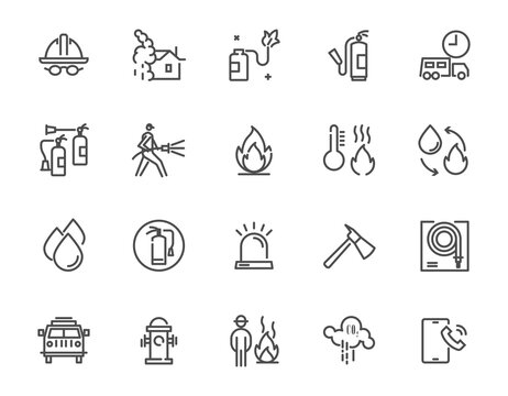 Fire fighter thin line icon set