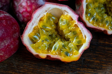 Close up of passion fruit sliced open 