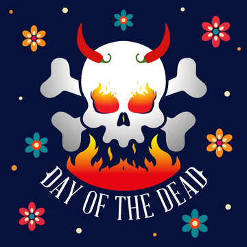 Mexican sugar skull with crossbones and hot pepper horns. Holiday concept DAY OF THE DEAD. Design for poster, greeting card, banner, emblem. Vector illustration