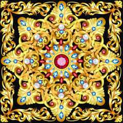 illustration background with a rosette of gold and precious stones