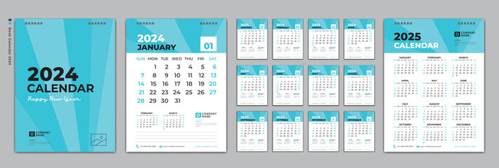 Set Desk calendar 2024 design, Calendar 2024 template and Set of 12 Months, Calendar 2025 design poster, January month layout, week start on Sunday, simple, planner, Wall calendar template