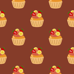 Cupcakes seamless pattern. Packaging. Festive cupcakes with cream, fruits and berries. Vector pattern on a colored background.
