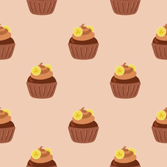 Cupcakes seamless pattern. Packaging. Festive fruit and cream muffins. Vector pattern on a colored background.