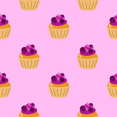 Cupcakes seamless pattern. Packaging. Festive cupcakes with cream and berries. Vector pattern on a colored background.