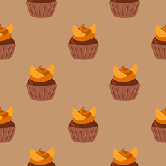 Cupcakes seamless pattern. Packaging. Festive fruit and cream muffins. Vector pattern on a colored background.