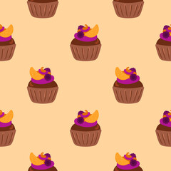 Cupcakes seamless pattern. Packaging. Festive cupcakes with cream, fruits and berries. Vector pattern on a colored background.