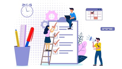Check list with done mard Successful completion of business tasks Flat vector illustration Questionnaire survey for people to give answer Business organization and achievements of goals