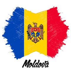 Flag of Moldova, banner with grunge brush. Independence Day. National tricolor in original colors.