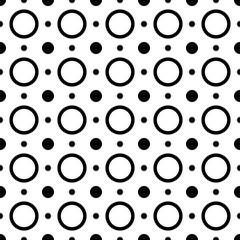 White background and black circles. Medium, large and small circles wallpaper pattern. Vector.