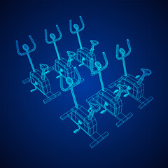 Excercise Bike. Gym equipment. Sport cardio fitness concept. Wireframe low poly mesh vector illustration.