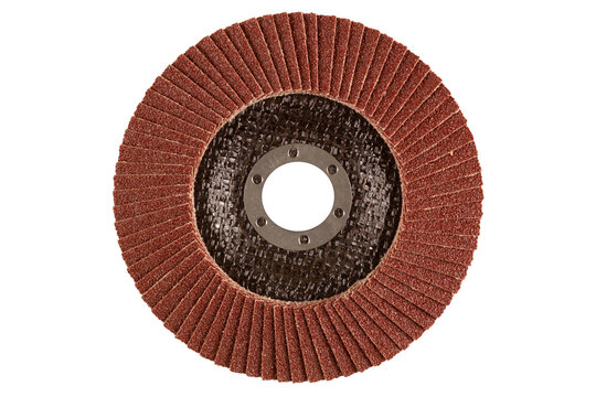 Angle grinder flap disc for grinding and finishing. Abrasive disc for polishing. Wood grinding wheel with high grinding efficiency. Close Up. Isolated on white background.