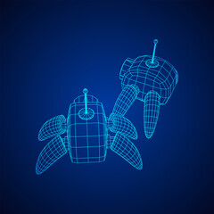 Spider robot with radar antenna. Nanobot, nanotechnology medical concept. Wireframe low poly mesh vector illustration