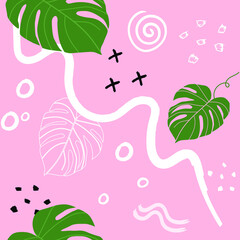 Abstract tropical monstera leaf, geometric shape seamless pattern pink background. Modern exotic design for paper, cover, fabric, interior decor and other users.