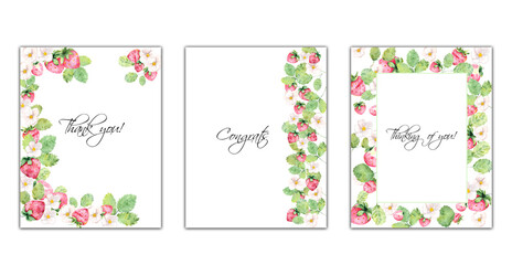 Watercolor illustration. Set of cards with design of flora, ripe strawberries, white flowers and green leaves