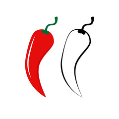 Spicy chili hot pepper icons. Vector Asian and Mexican spicy food and sauce, red and black outline chili peppers for your web site design, logo, app, UI. Stock vector. EPS10.