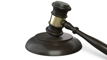 Richterhammer / Auktionshammer mit Holzblock, schräg, auf weissem Hintergrund