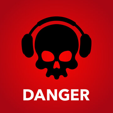 Black silhouette of a skull in headphones on a red background and the word Danger. Vector, illustration