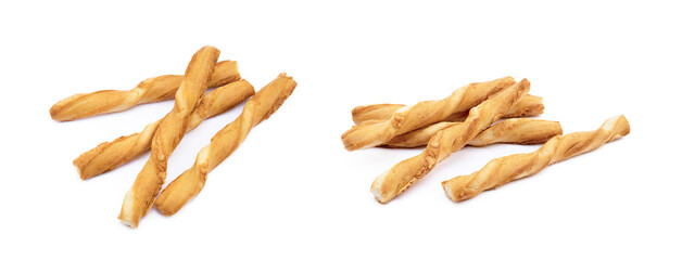 Spiral bread sticks with cheese on a white background