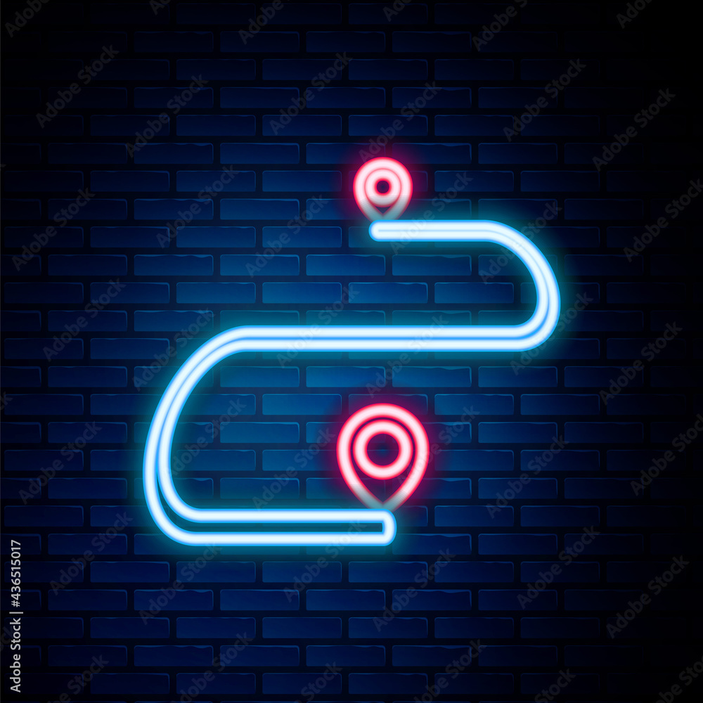 Poster glowing neon line route location icon isolated on brick wall background. map pointer sign. concept o